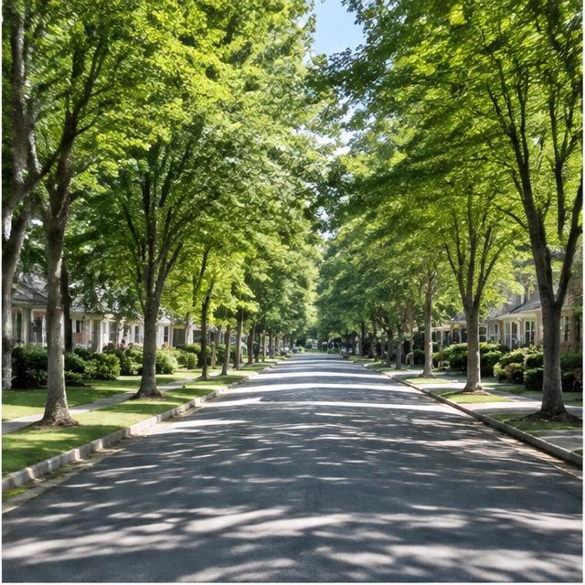 Illustrative residential streetscape, not a photograph of this neighborhood