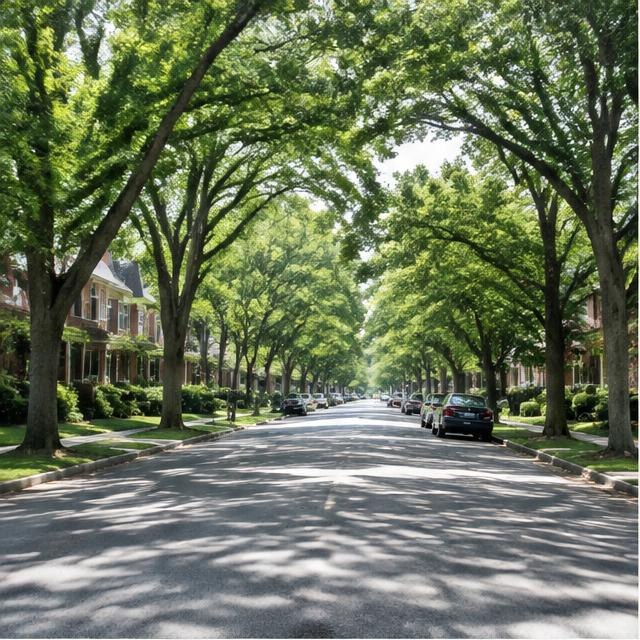 Illustrative residential streetscape, not a photograph of this neighborhood