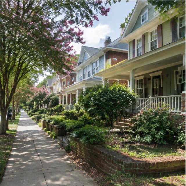 Illustrative residential streetscape, not a photograph of this neighborhood